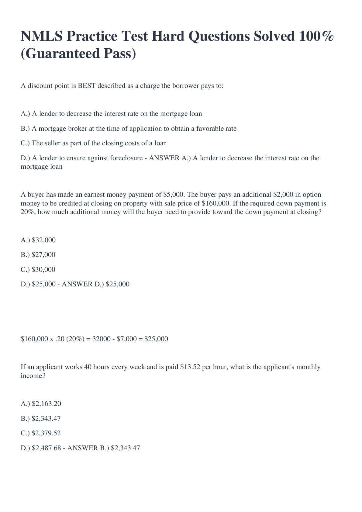 Preview image for NMLS Practice Test Hard Questions Solved 100% (Guaranteed Pass)